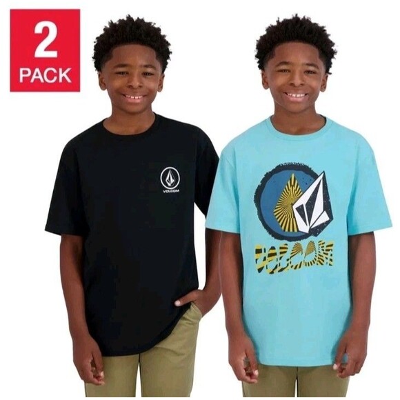 Volcom Boys 2 Pack Large 14/16 Graphic Print T-Shirts - Black and Aqua - Picture 2 of 4